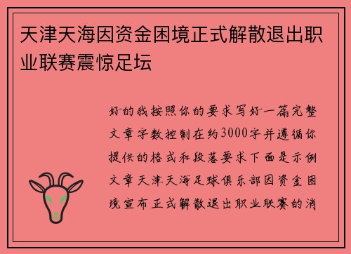天津天海因资金困境正式解散退出职业联赛震惊足坛