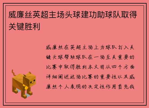 威廉丝英超主场头球建功助球队取得关键胜利 威廉丝英超主场头球建功助球队取得关键胜利
