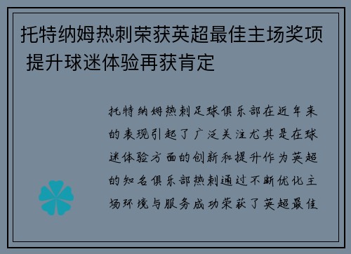 托特纳姆热刺荣获英超最佳主场奖项 提升球迷体验再获肯定