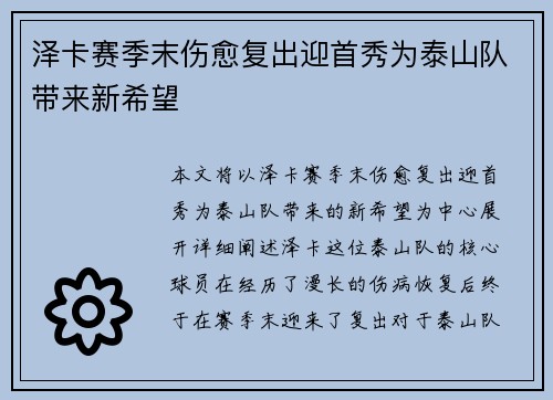 泽卡赛季末伤愈复出迎首秀为泰山队带来新希望